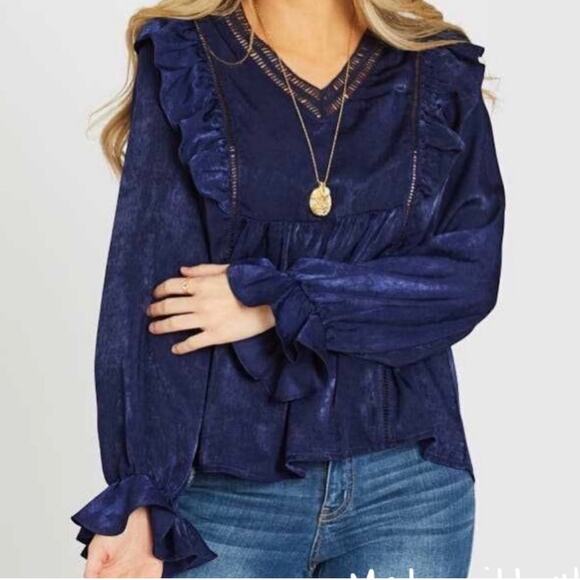 NWT Altar’d State Dark Blue Ruffle Blouse - Picture 1 of 5